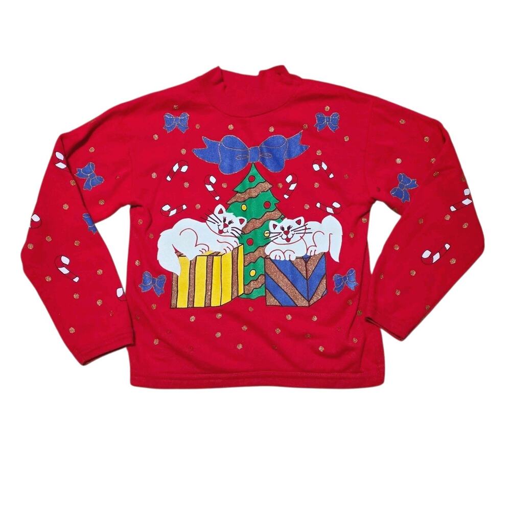 Vtg 90s Kids Christmas Cat Kitty Crew Sweatshirt Size 7/8 Red Presents Nostalgic